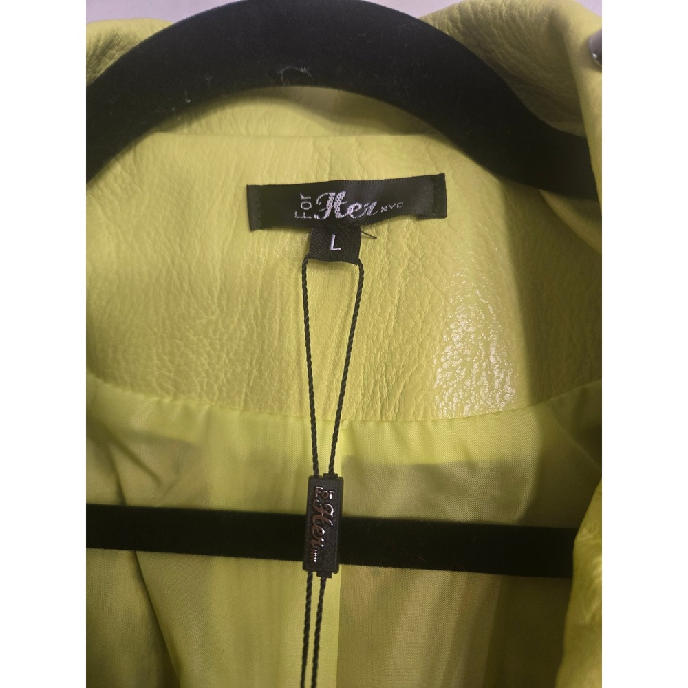 For Her NYC Pistachio Moto Jacket Lime Green Studded Graphic Leopard Print L NWT - Picture 4 of 5